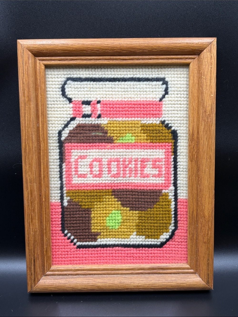 Vintage Cross Stitch Needlepoint Stitch Work Fiber Art Cookie Jar Framed Artwork
